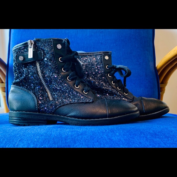 Tahari Shoes - Tahari Navy and Black Glitter Short Combat Boots 4